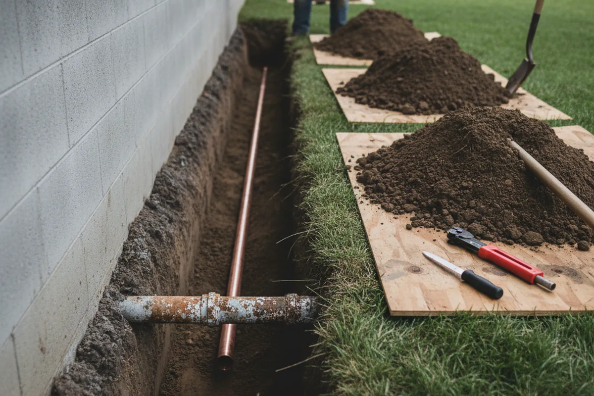 Excavated water line trench during Sewer Line Repair in Ada